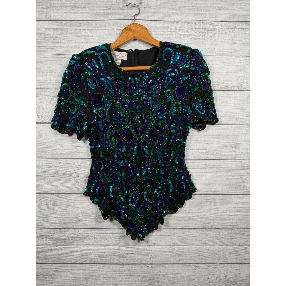 Vintage Laurence Kazar Women's L Silk Teal Purple Sequin Beaded Evening Top 1267